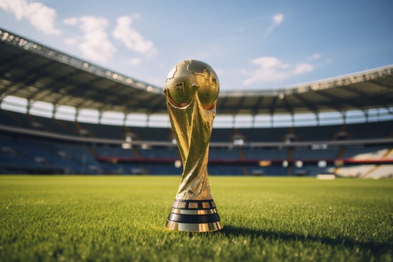 Taça da Copa do Mundo em campo de futebol representando o clima do torneio nas empresas